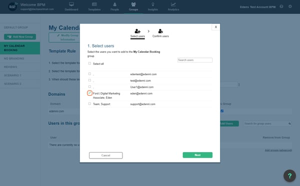 Check on the user you wish to associate with the group - this should be the user whose calendar link you added to the associated template