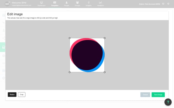 You will see an 'insert' button in the left-hand menu under 'Insert image at top'
Select the image you would like to upload to the top of the template from your file upload menu