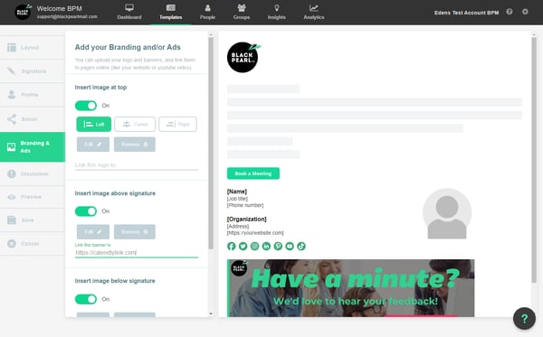Once the image of the button has been uploaded, add the calendar link to the hyperlink section in the left-hand menu